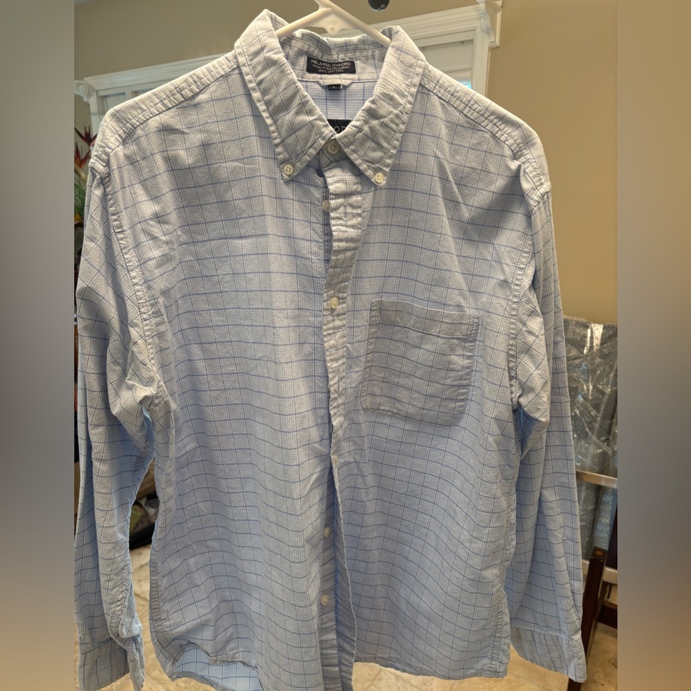 Izod Light Blue Plaid Button Down Relaxed Oxford Long Sleeve Shirt